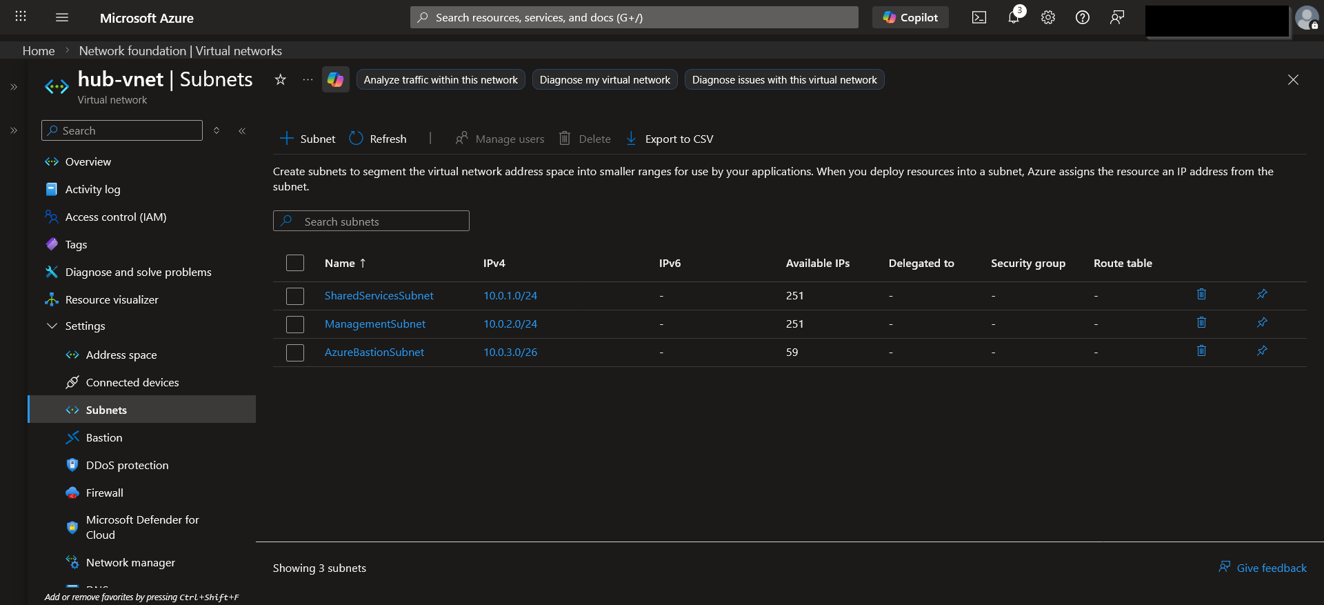 Subnet segmentation within hub‑vnet, including Management, Shared Services, and AzureBastionSubnet.